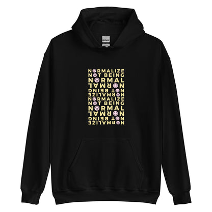 Unisex black hoodie with minimalist affirmation text and smiley design, celebrating neurodivergent pride and empowerment.