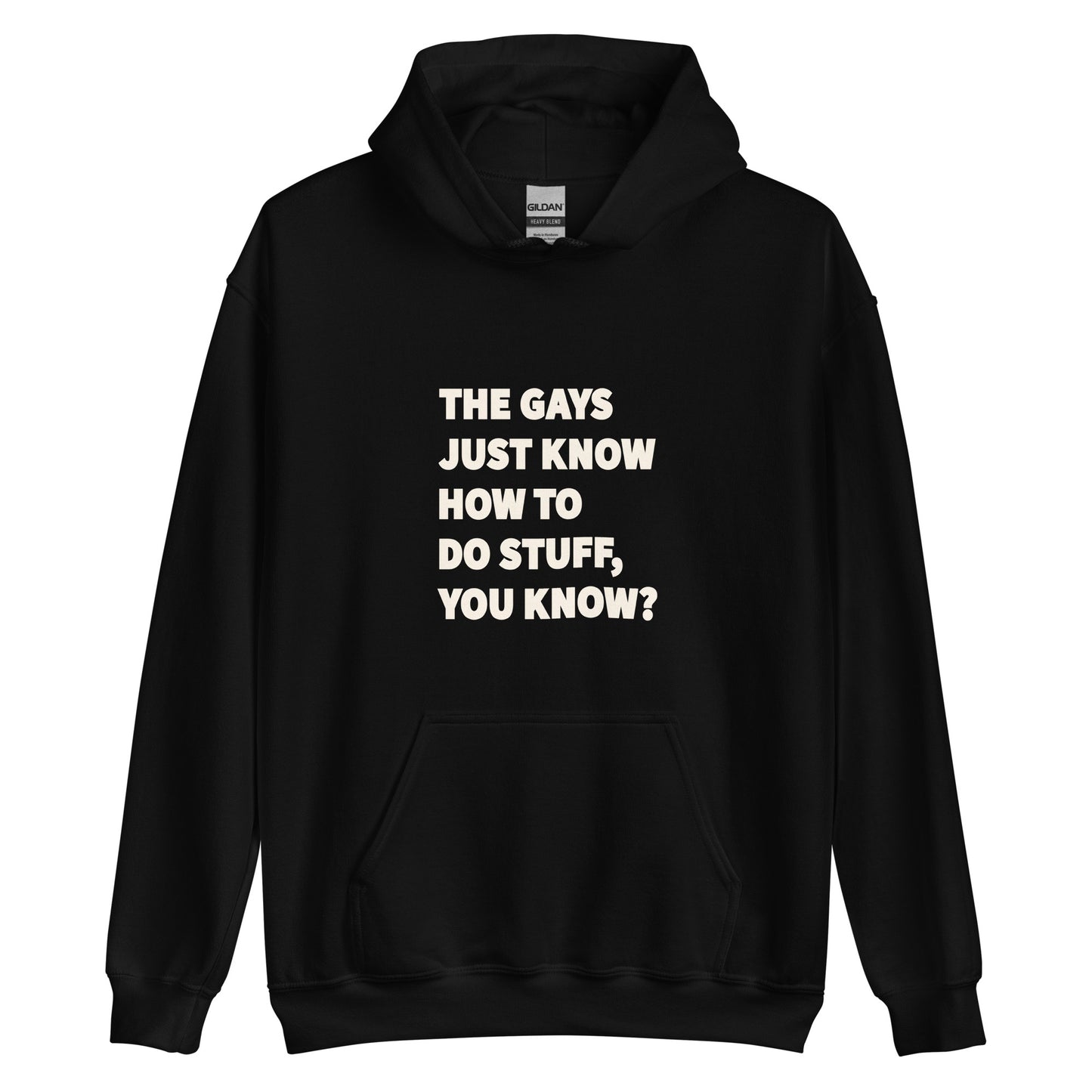 Unisex hoodie with bold text reading “The Gays Just Know,” inspired by The White Lotus, for playful queer statement style.