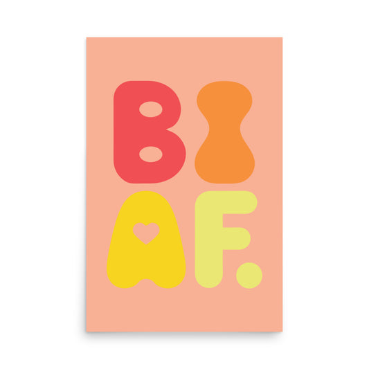 Bold orange BI AF poster printed on thick matte paper, bisexual pride retro wall art for home decor affirmation