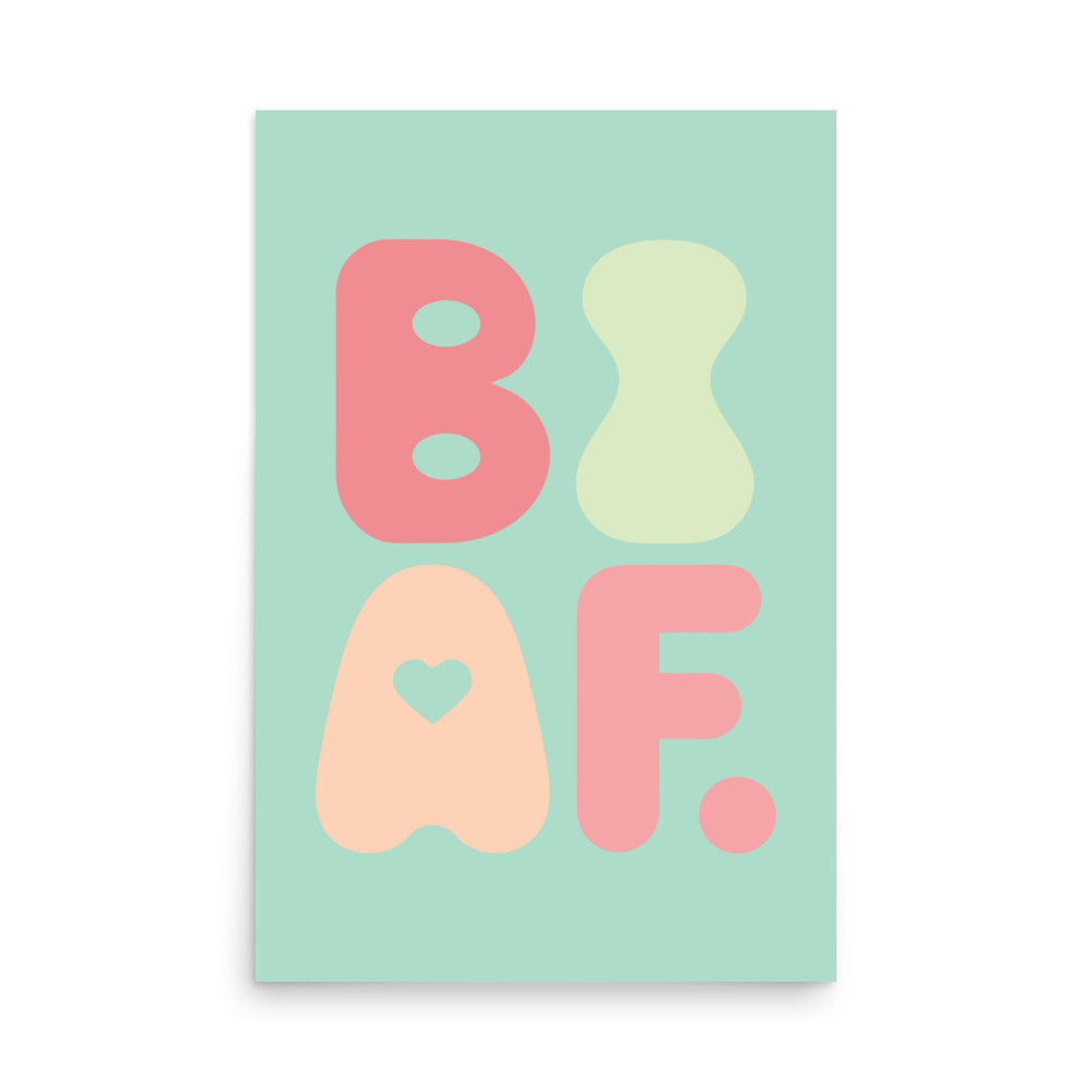 Pastel green Bi AF poster printed on thick matte paper for bisexual pride expression with retro wall art