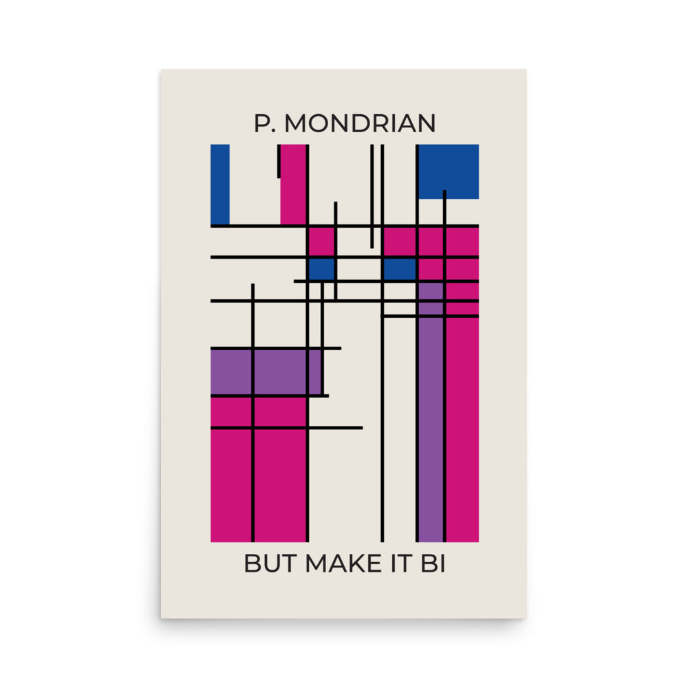 Bisexual pride Mondrian-style poster with abstract magenta, purple, and blue color blocks printed on thick matte paper