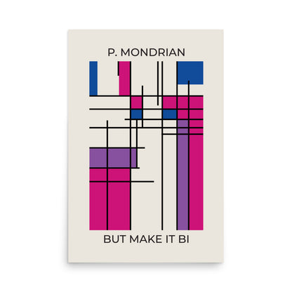 Bisexual pride Mondrian-style poster with abstract magenta, purple, and blue color blocks printed on thick matte paper