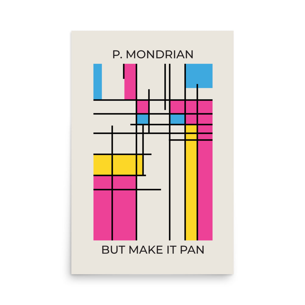 Pansexual pride Mondrian-style poster with abstract color blocks in pink, yellow, and blue printed on thick matte paper