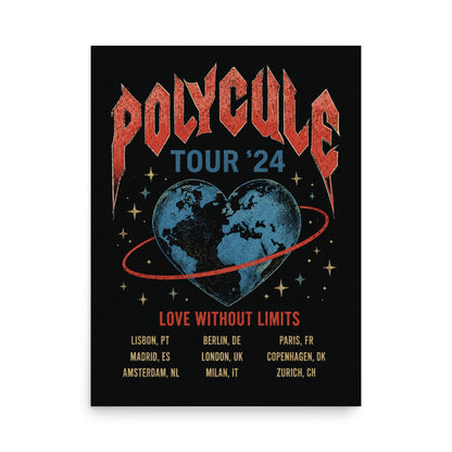 Vertical vintage-style poster featuring a fictional "Polycule Tour '24" concert design with a heart-shaped globe, retro tour dates and "Love Without Limits" celebrating polyamory and ENM.