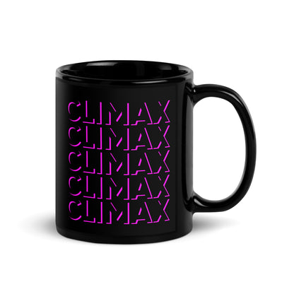 Glossy black ceramic mug with bold hot pink CLIMAX text – pleasure-positive statement cup for flirty, sassy morning rituals or gifting