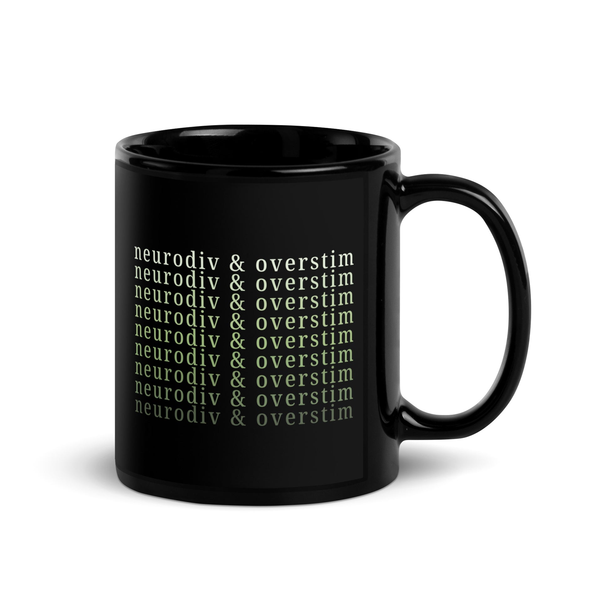 Glossy ceramic mug with “Neurodiv & Overstim” text in green shades – ideal for overstimulated mornings, neurodivergent expression or a mental health gift