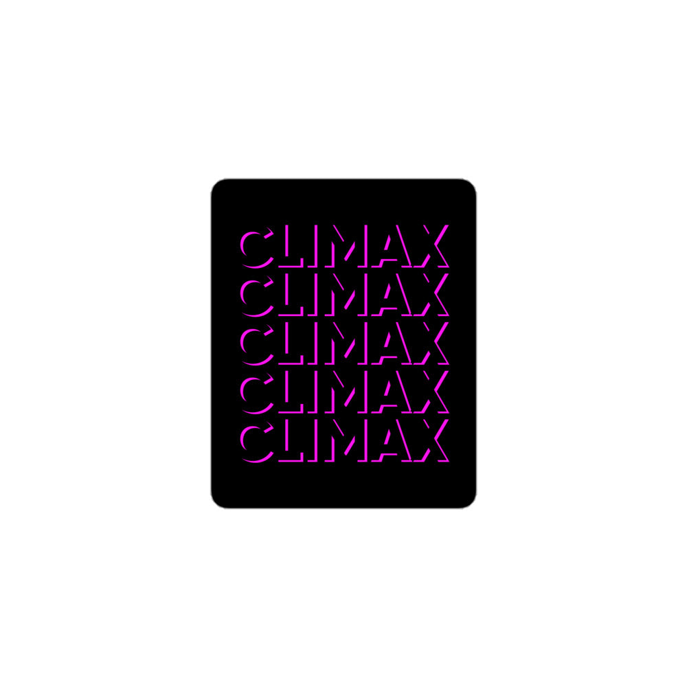 Hot pink and black CLIMAX vinyl sticker on white background – playful pleasure-positive design for decorating laptops, bottles or expressive gifting