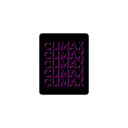 Hot pink and black CLIMAX vinyl sticker on white background – playful pleasure-positive design for decorating laptops, bottles or expressive gifting