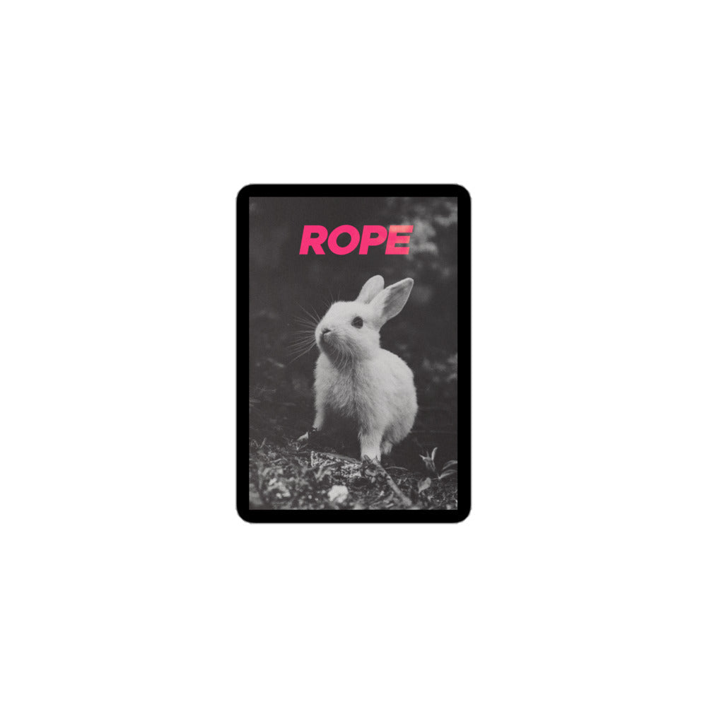 ROPE Bunny vinyl sticker with bold pink text and black-and-white bunny graphic – edgy design for expressive surfaces and gifting to rope lovers