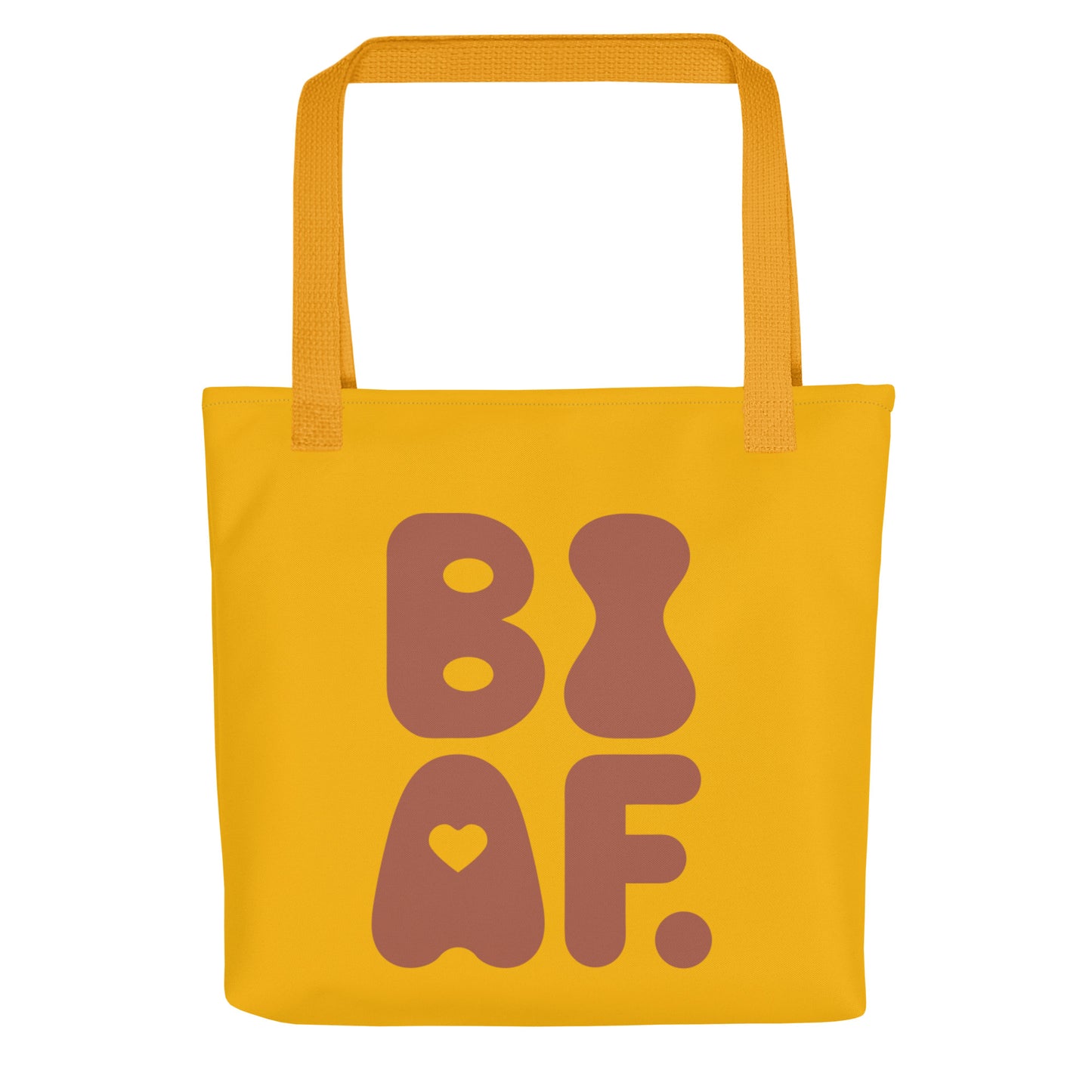 Mustard tote bag with terracotta “BI AF” text – bold lgbtq-affirming carryall for Bisexual visibility and joyful vibes
