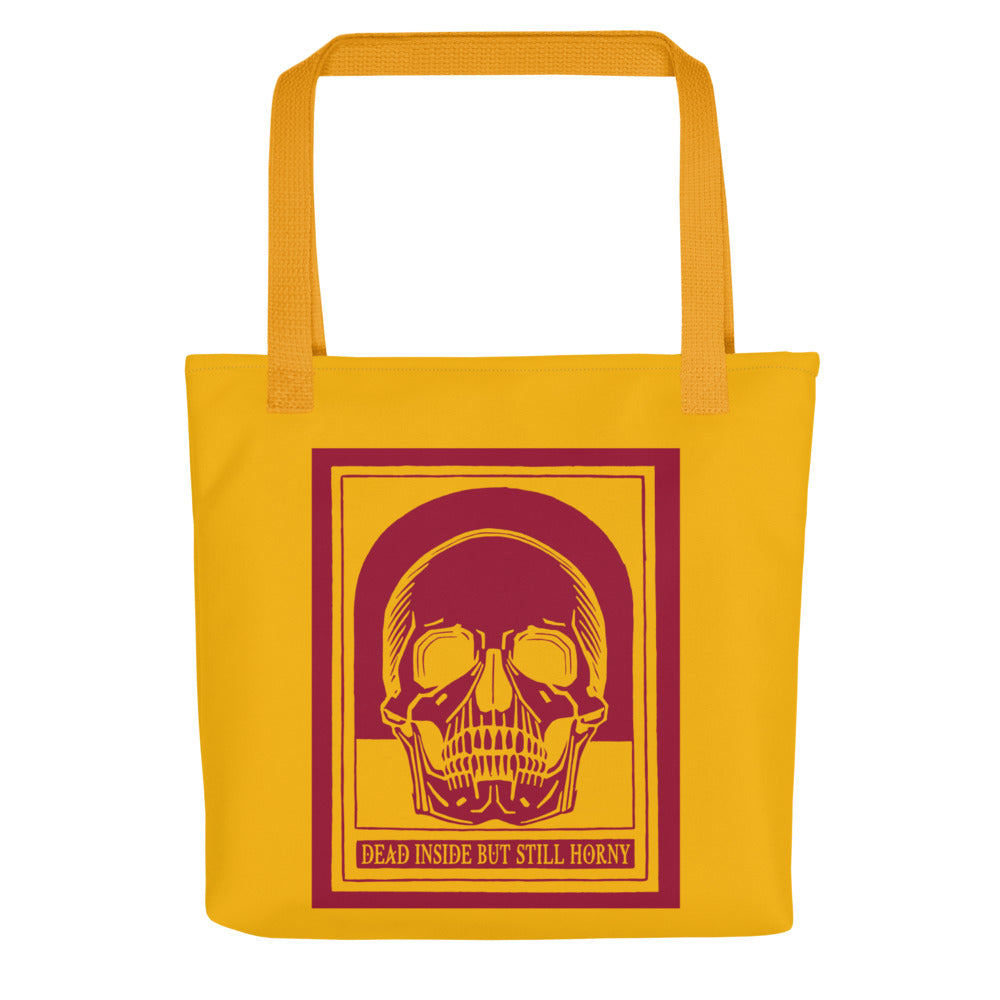 Yellow-mustard tote bag with dark red vintage skull and “Dead Inside” design for daily expression of neurodivergent humor
