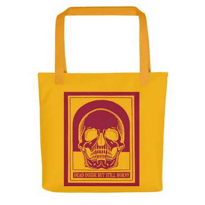 Yellow-mustard tote bag with dark red vintage skull and “Dead Inside” design for daily expression of neurodivergent humor