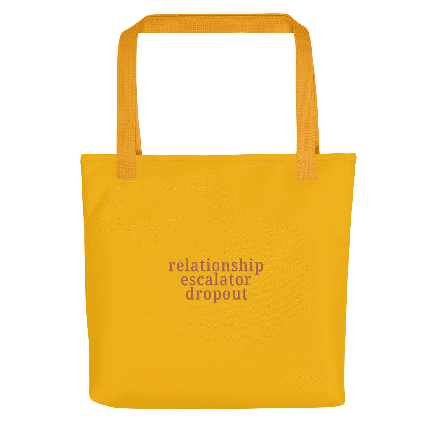 Mustard tote bag with terracotta text “Relationship Escalator Dropout” ENM accessory for non-monogamy pride everyday.
