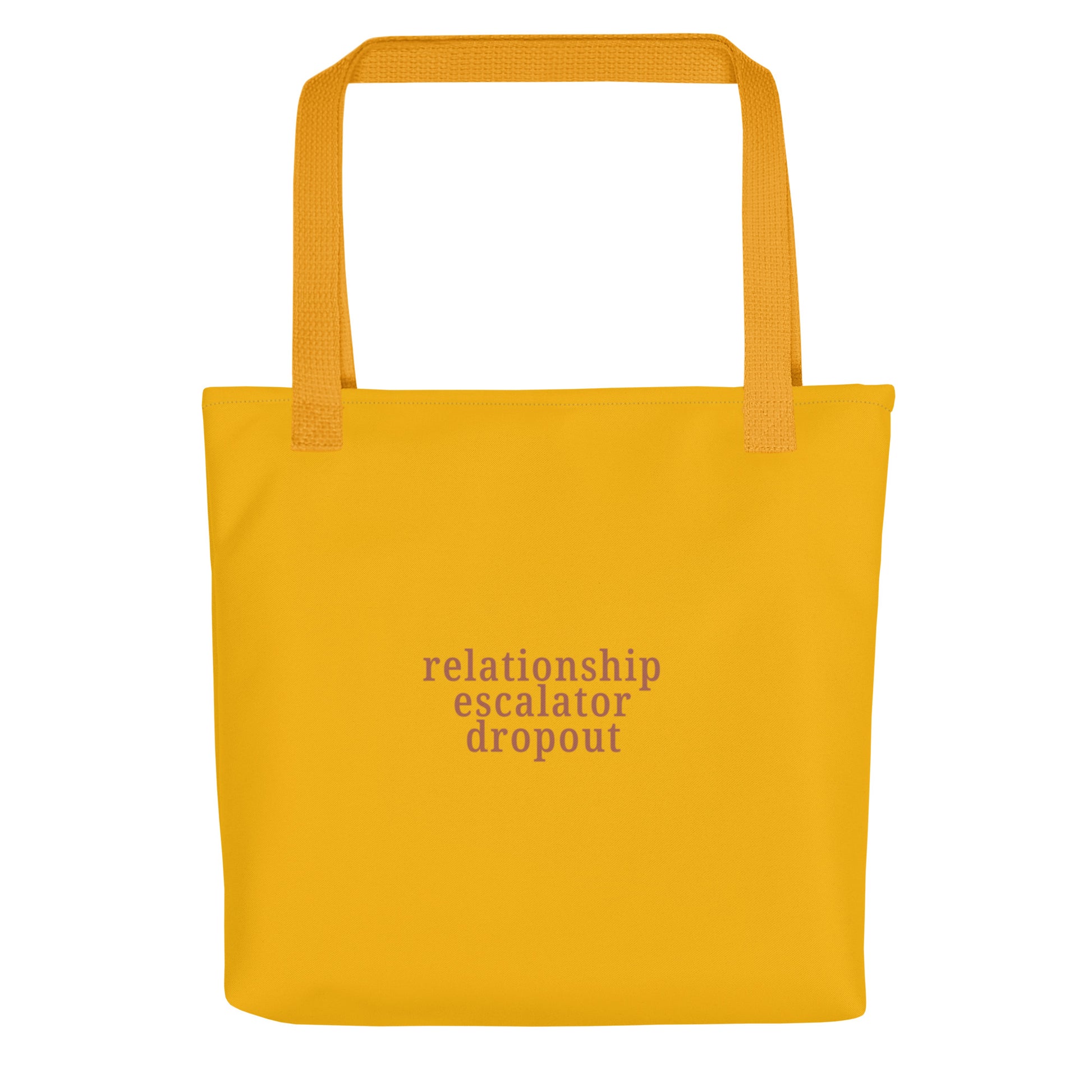 Mustard tote bag with terracotta text “Relationship Escalator Dropout” ENM accessory for non-monogamy pride everyday.