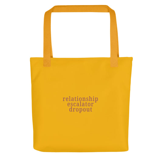 Mustard tote bag with terracotta text “Relationship Escalator Dropout” ENM accessory for non-monogamy pride everyday.