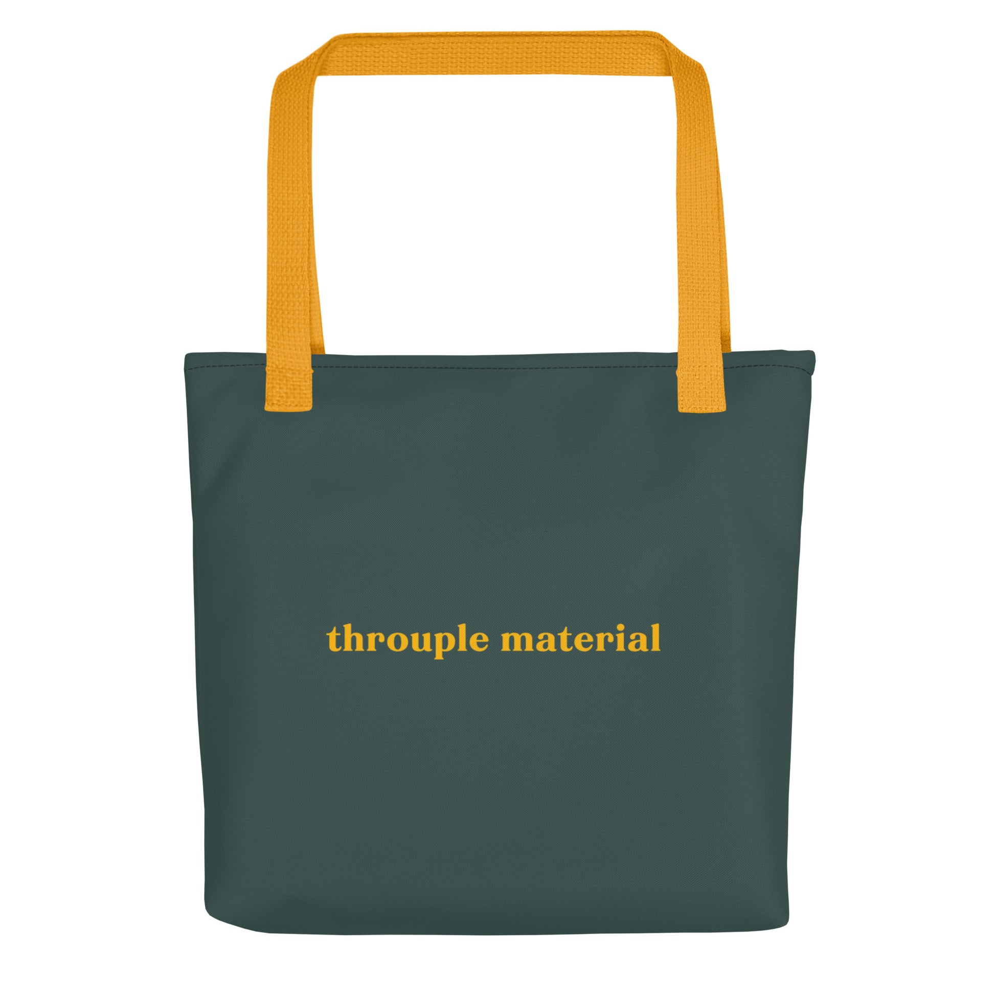 Teal tote bag with mustard “Throuple Material” text – sassy non-monogamy accessory for ethically polyamorous lifestyles and bold ENM fashion
