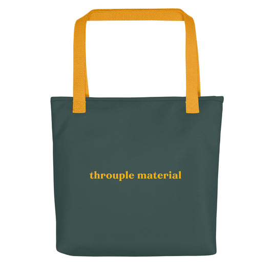Teal tote bag with mustard “Throuple Material” text – sassy non-monogamy accessory for ethically polyamorous lifestyles and bold ENM fashion