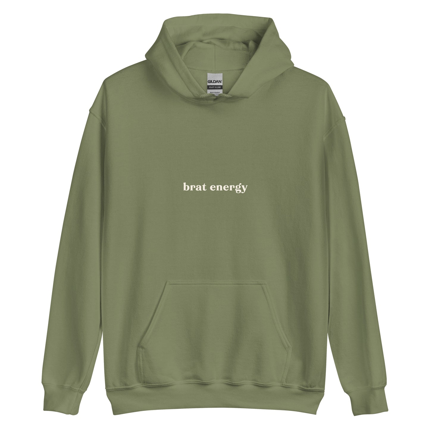 Unisex hoodie with bold cream text reading “Brat Energy” – cheeky statement sweatshirt for play-friendly expression with sass.