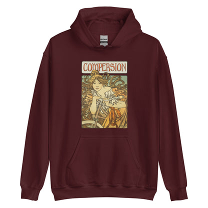 Unisex cotton hoodie with vintage Art Nouveau “Compersion” polyamory design – cozy, durable, and meaningful sweatshirt for style and ENM pride