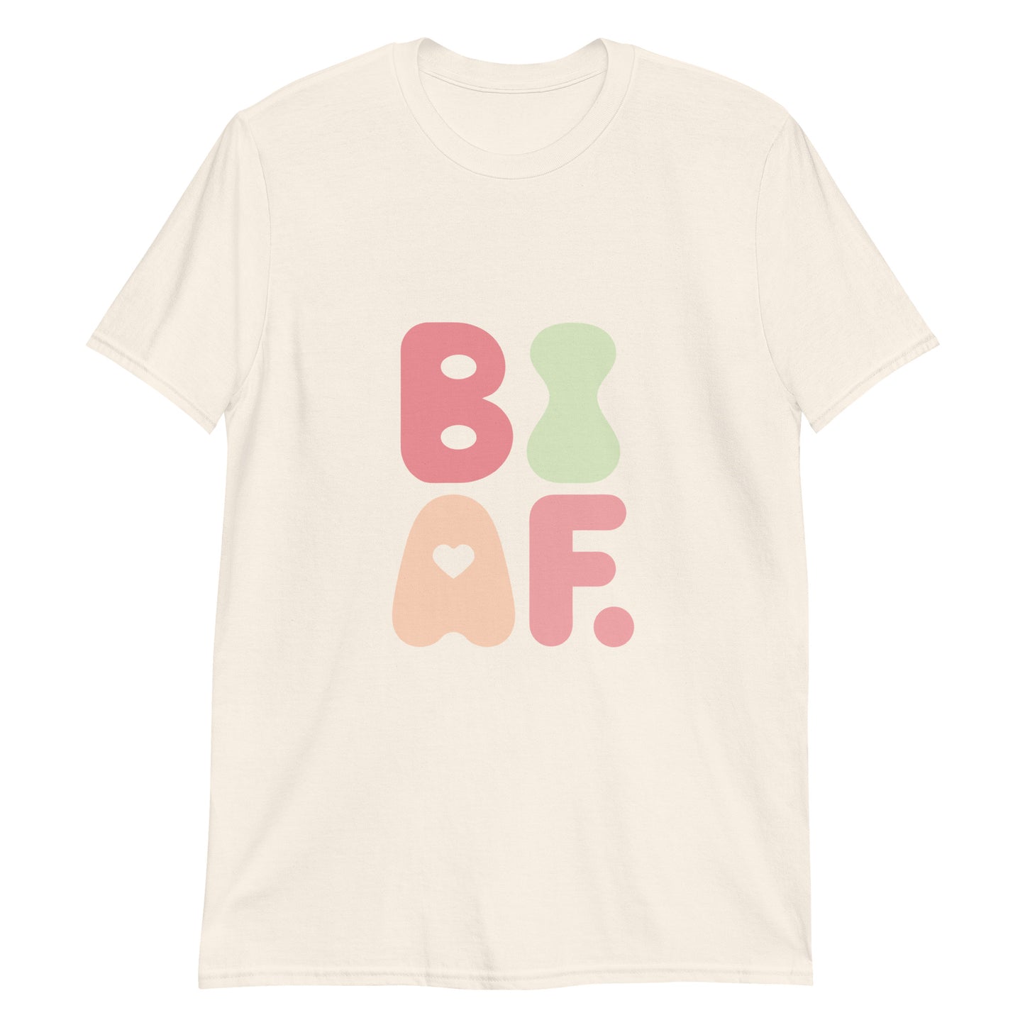 Cream unisex t-shirt with soft pastel BI AF bisexual pride design - retro LGBTQ+ tee for cheeky affirmation.