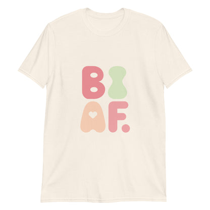 Cream unisex t-shirt with soft pastel BI AF bisexual pride design - retro LGBTQ+ tee for cheeky affirmation.