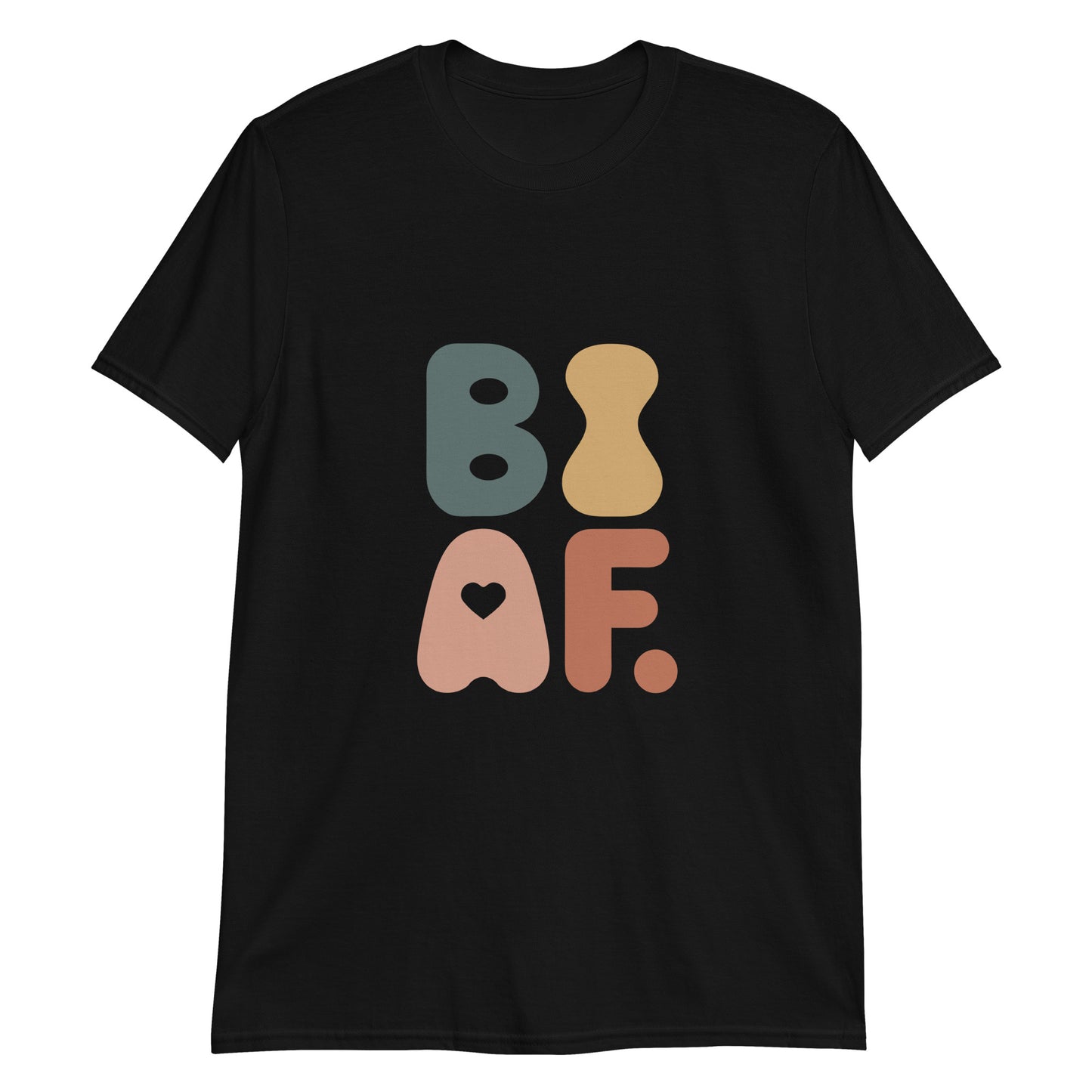 Black unisex t-shirt with bold colorful BI AF bisexual pride retro design – LGBTQ+ statement tee for cute dates or daily expression.
