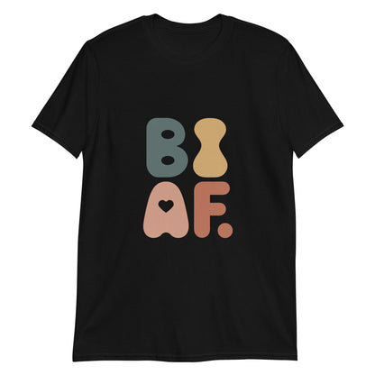 Black unisex t-shirt with bold colorful BI AF bisexual pride retro design – LGBTQ+ statement tee for cute dates or daily expression.
