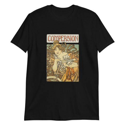 Unisex 100% cotton t-shirt with vintage Art Nouveau “Compersion” polyamory design – soft, durable, and meaningful apparel for ENM pride