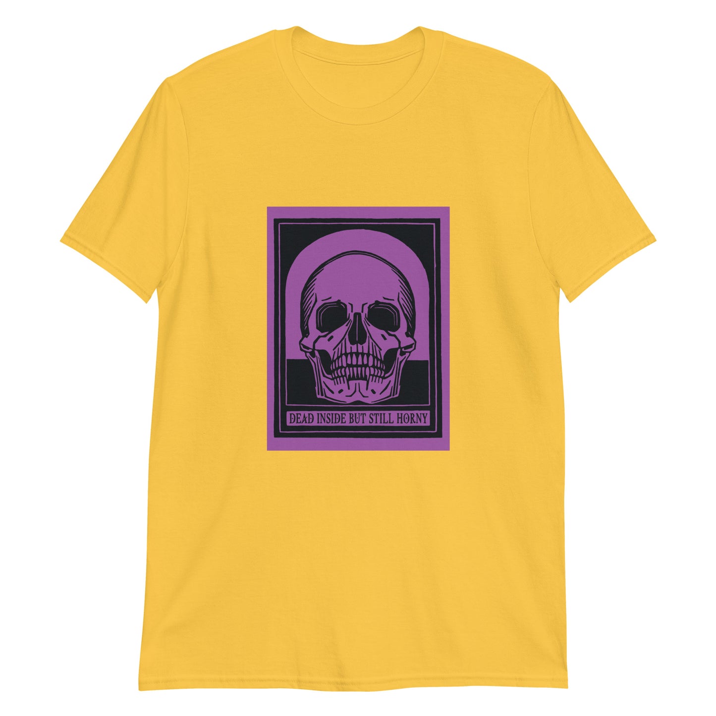Yellow unisex cotton t-shirt with vintage-style skull graphic and text reading “dead inside,” dark humor design for sarcastic everyday wear.