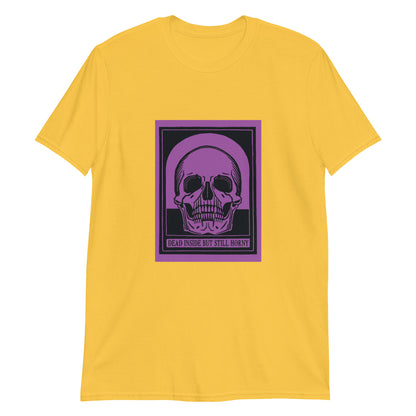 Yellow unisex cotton t-shirt with vintage-style skull graphic and text reading “dead inside,” dark humor design for sarcastic everyday wear.