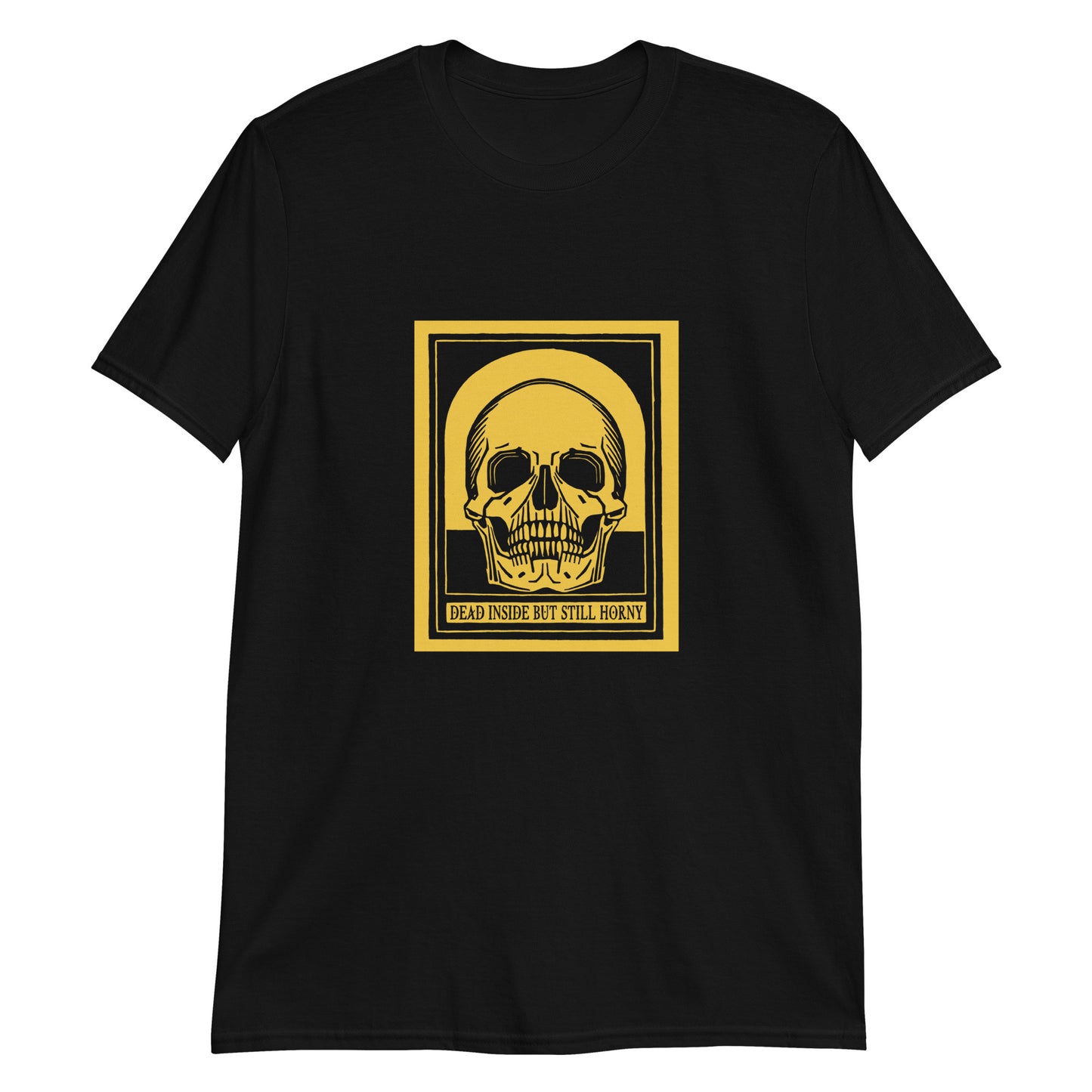Unisex t-shirt with yellow vintage skull design and text reading “dead inside,” cheeky dark humor tee for daily existential dread.