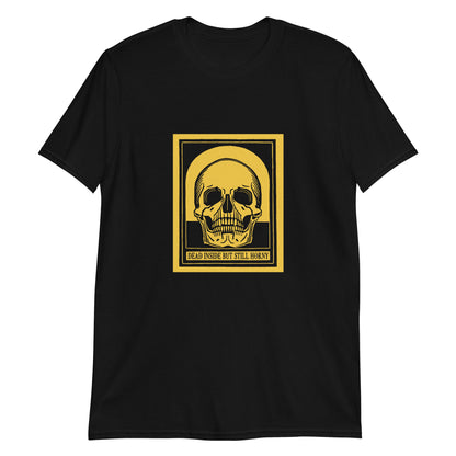 Unisex t-shirt with yellow vintage skull design and text reading “dead inside,” cheeky dark humor tee for daily existential dread.