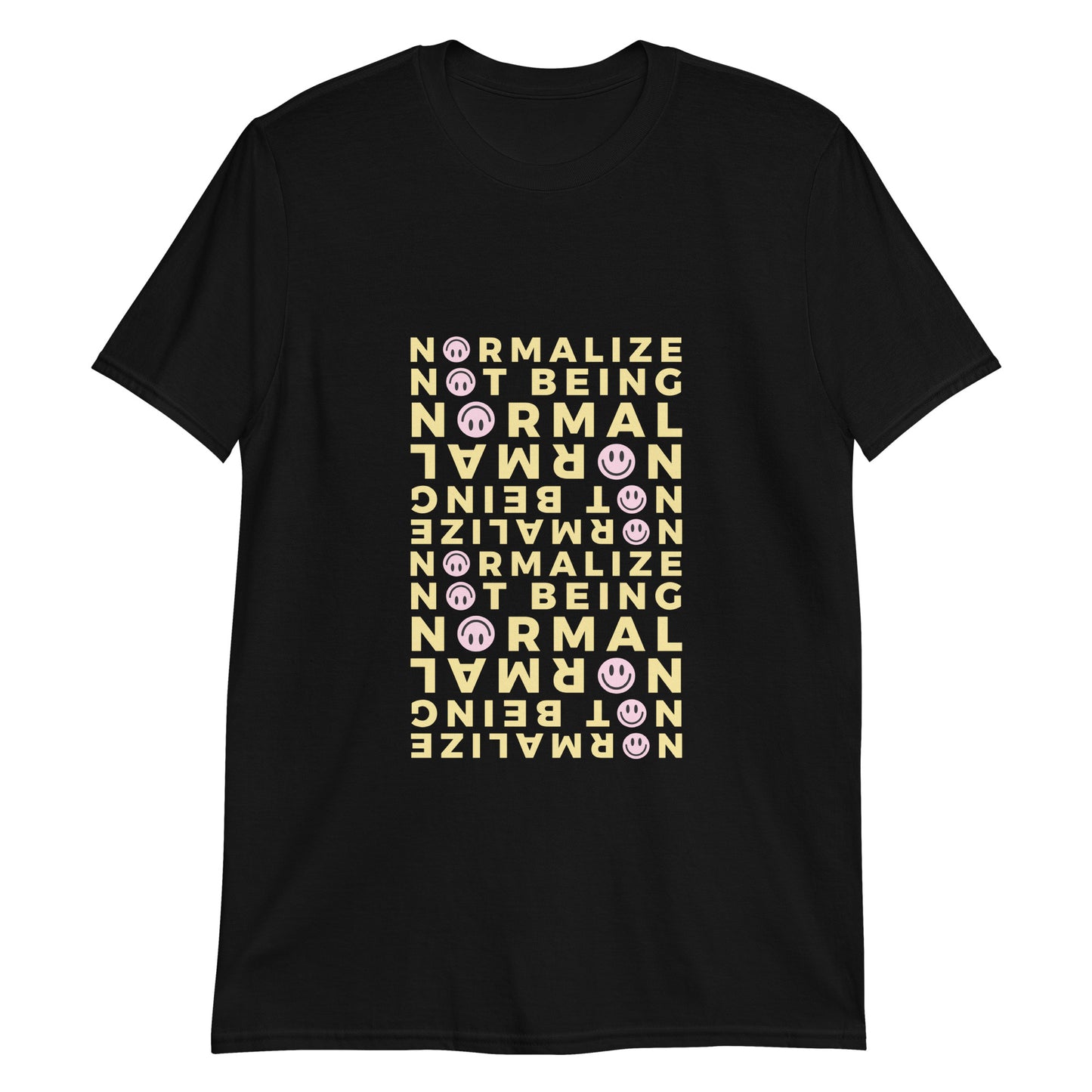 Unisex t-shirt with yellow smiley bold text design celebrating neurodivergence – empowerment tee for daily affirmation.
