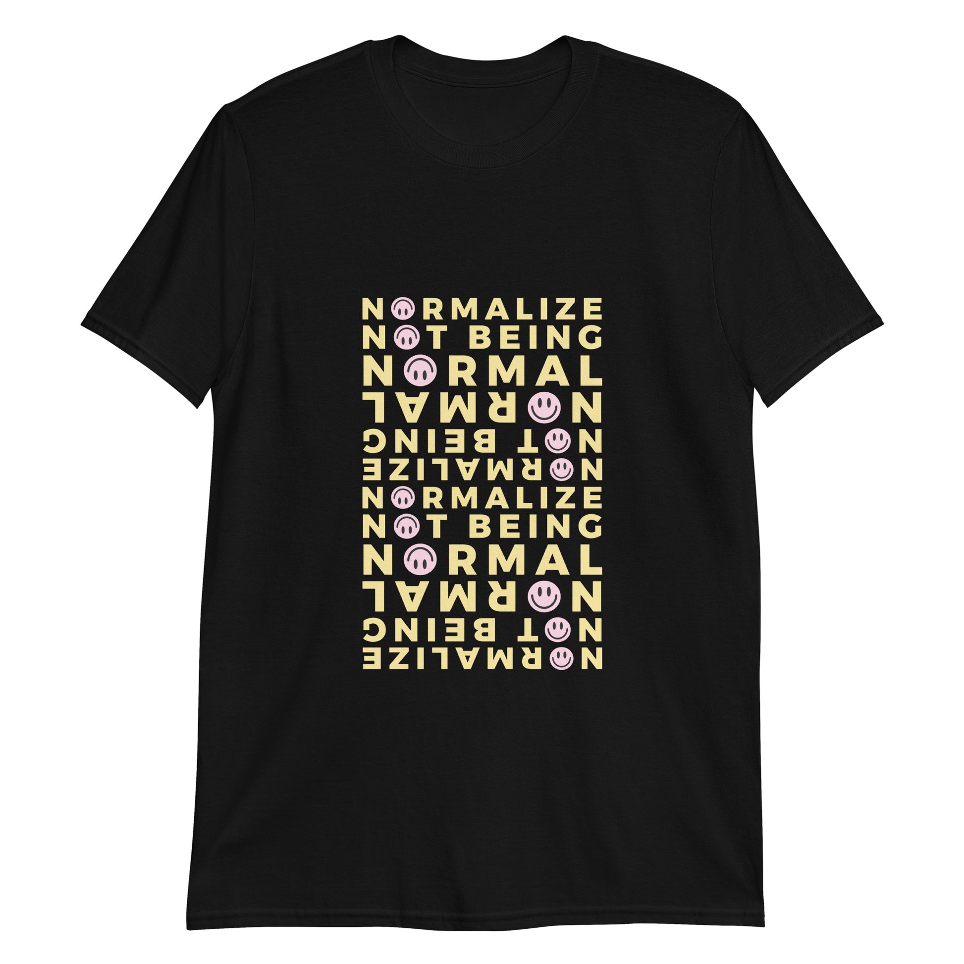 Unisex t-shirt with yellow smiley bold text design celebrating neurodivergence – empowerment tee for daily affirmation.