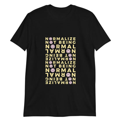 Unisex t-shirt with yellow smiley bold text design celebrating neurodivergence – empowerment tee for daily affirmation.