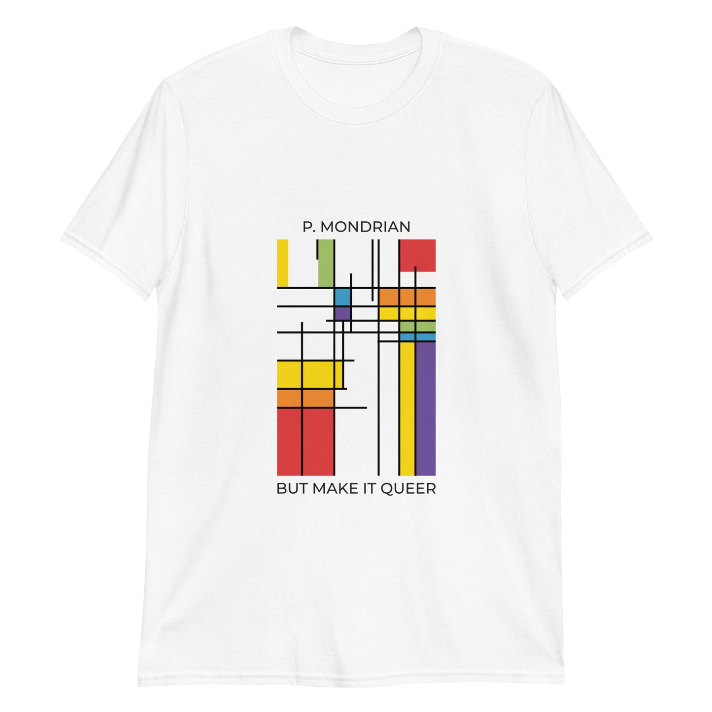 White unisex cotton t-shirt with Mondrian-style rainbow block in pride flag colors  – LGBTQ abstract cheeky tee for daily affirmation.