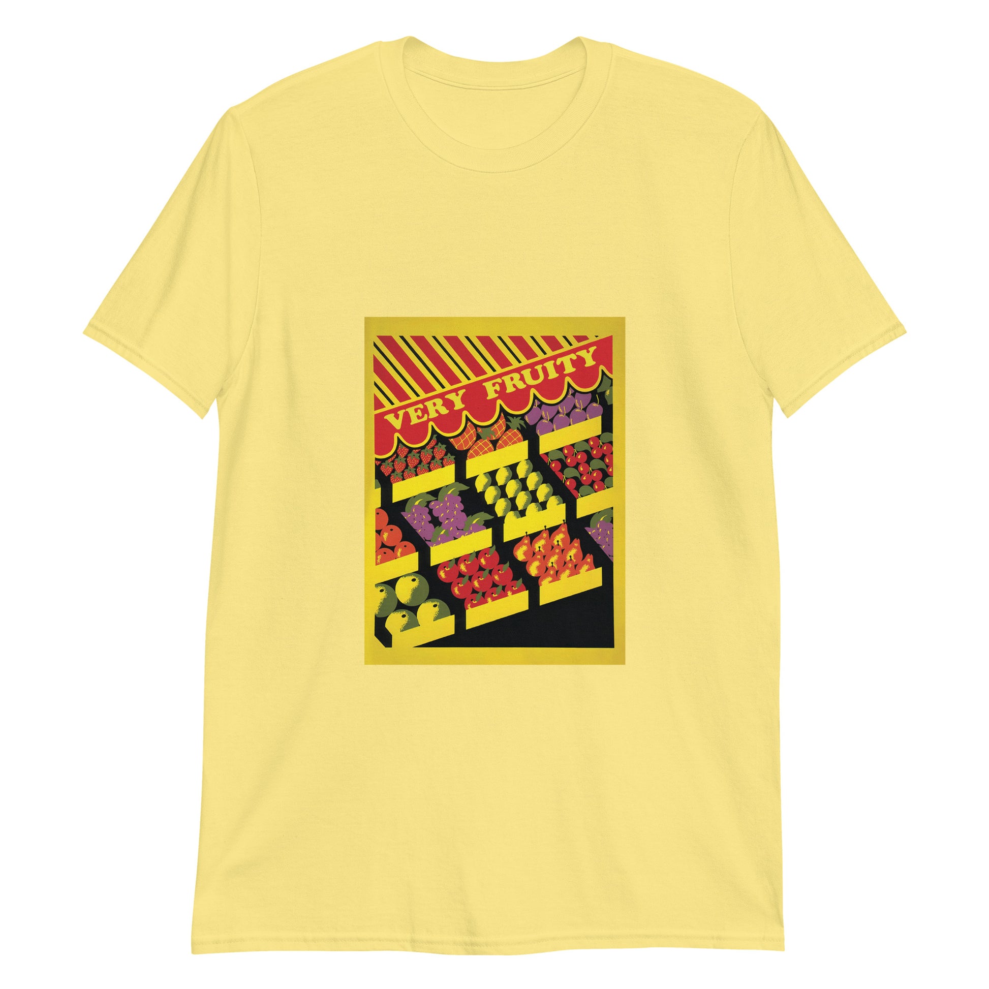 Yellow unisex t-shirt with vintage fruit stand illustration and text reading “Very Fruity” – queer campy pride tee for daily affirmation.