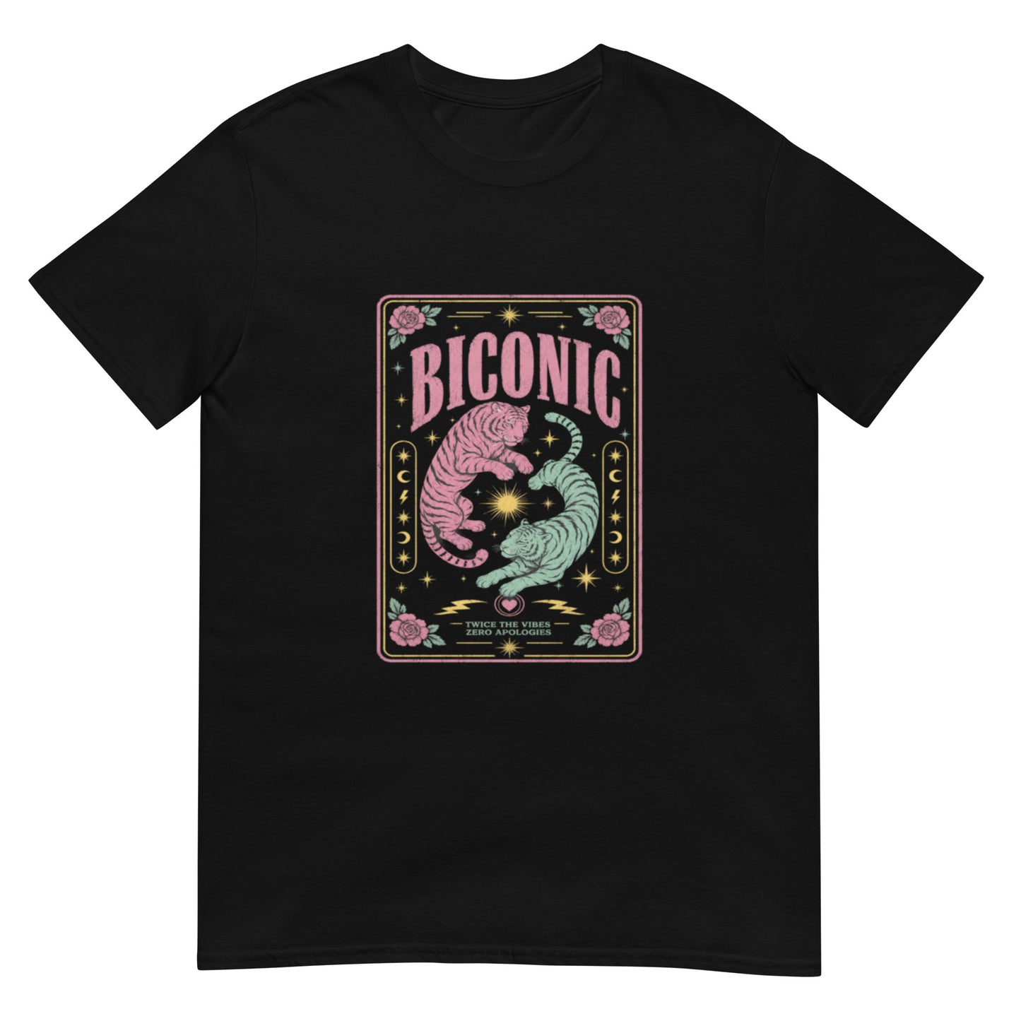 Black unisex t-shirt with a tarot card style illustration of two tigers, stars and roses, framed by the word BICONIC celebrating bisexual pride.