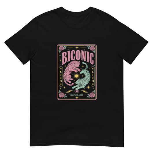 Black unisex t-shirt with a tarot card style illustration of two tigers, stars and roses, framed by the word BICONIC celebrating bisexual pride.