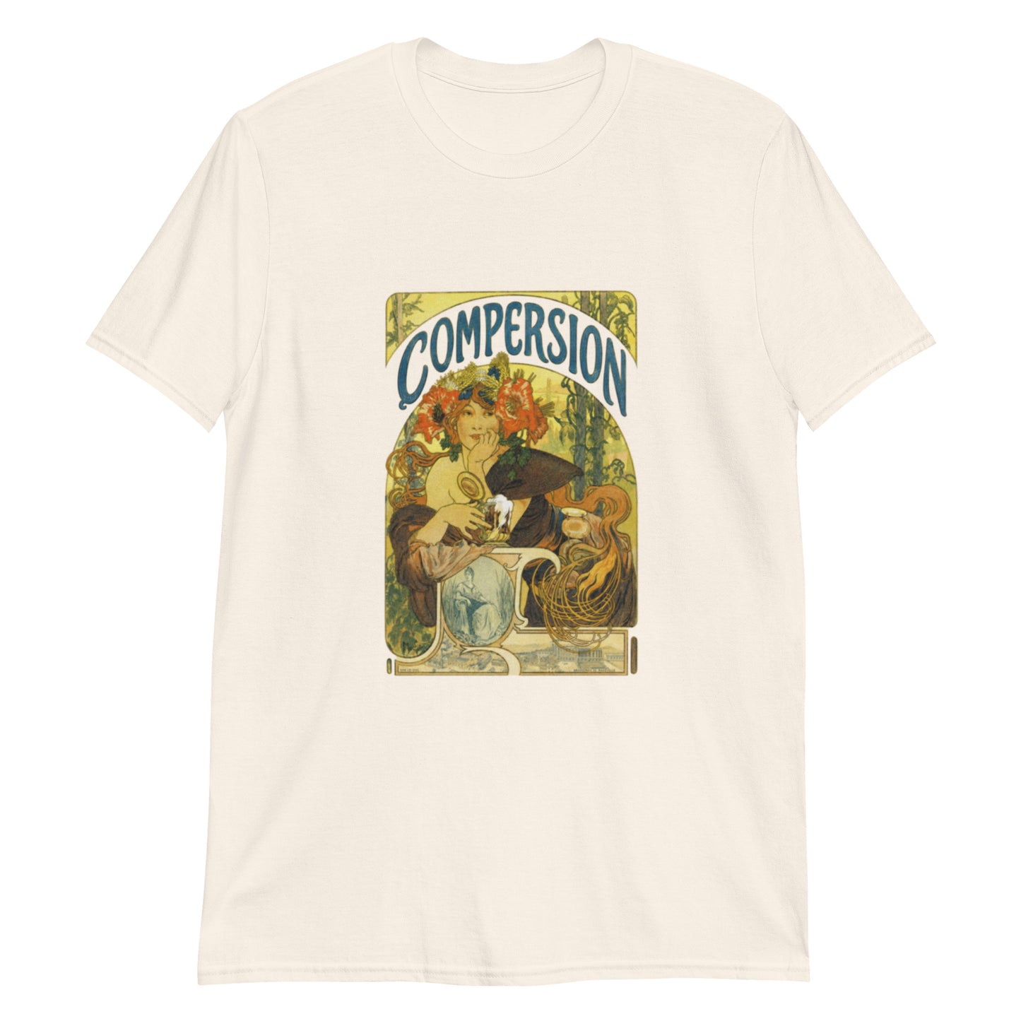 Cream unisex t-shirt featuring a Mucha-style art nouveau illustration with the word compersion, celebrating polyamory and ethical non-monogamy.