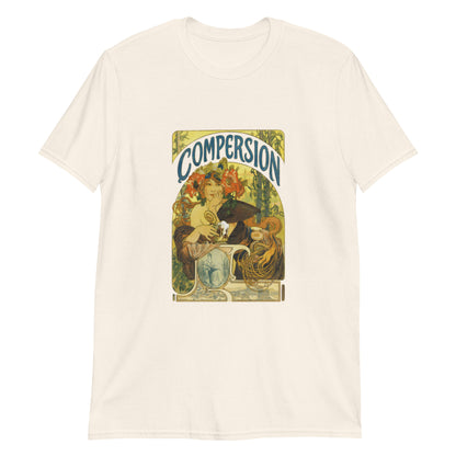 Cream unisex t-shirt featuring a Mucha-style art nouveau illustration with the word compersion, celebrating polyamory and ethical non-monogamy.