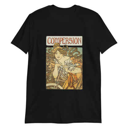 Unisex 100% cotton t-shirt with vintage Art Nouveau “Compersion” polyamory design – soft, durable, and meaningful apparel for ENM pride