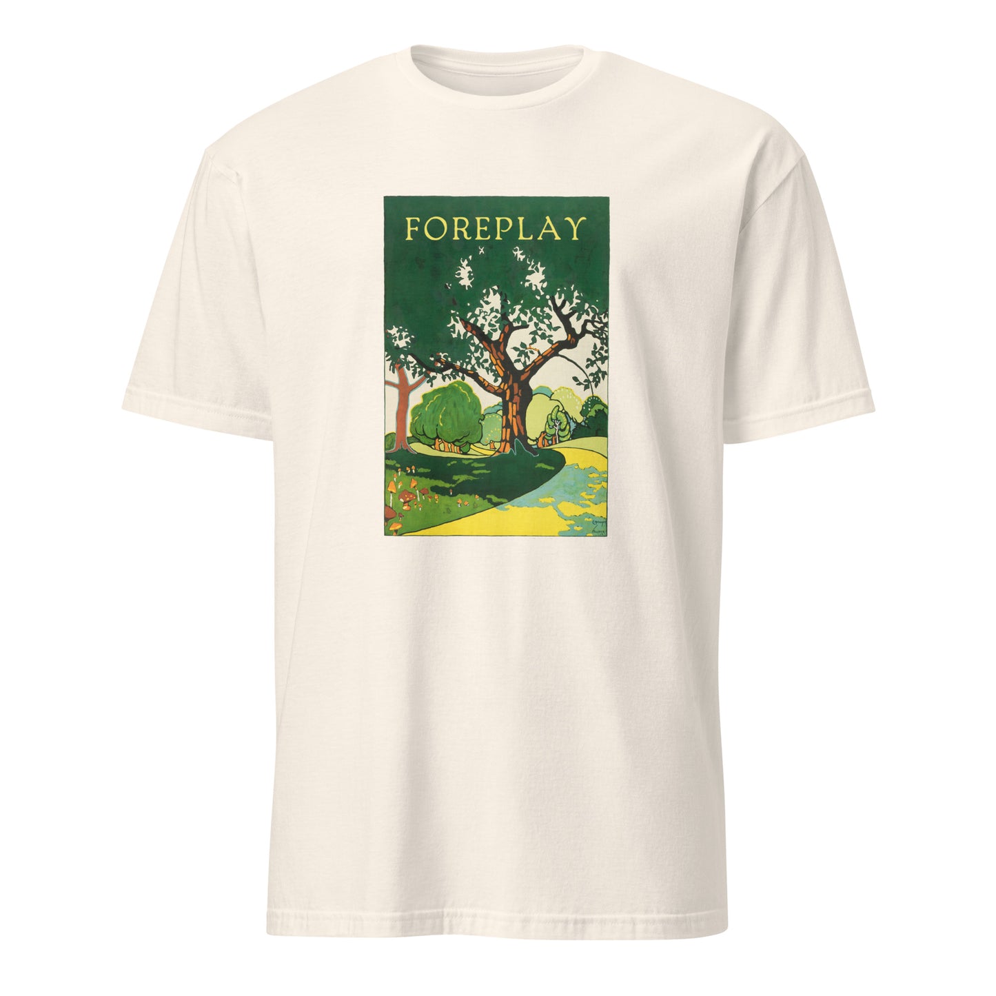 Unisex 100% cotton t-shirt with vintage illustration and “FOREPLAY” text – soft, durable, and cheeky apparel for pleasure-positive humour and affirmation.