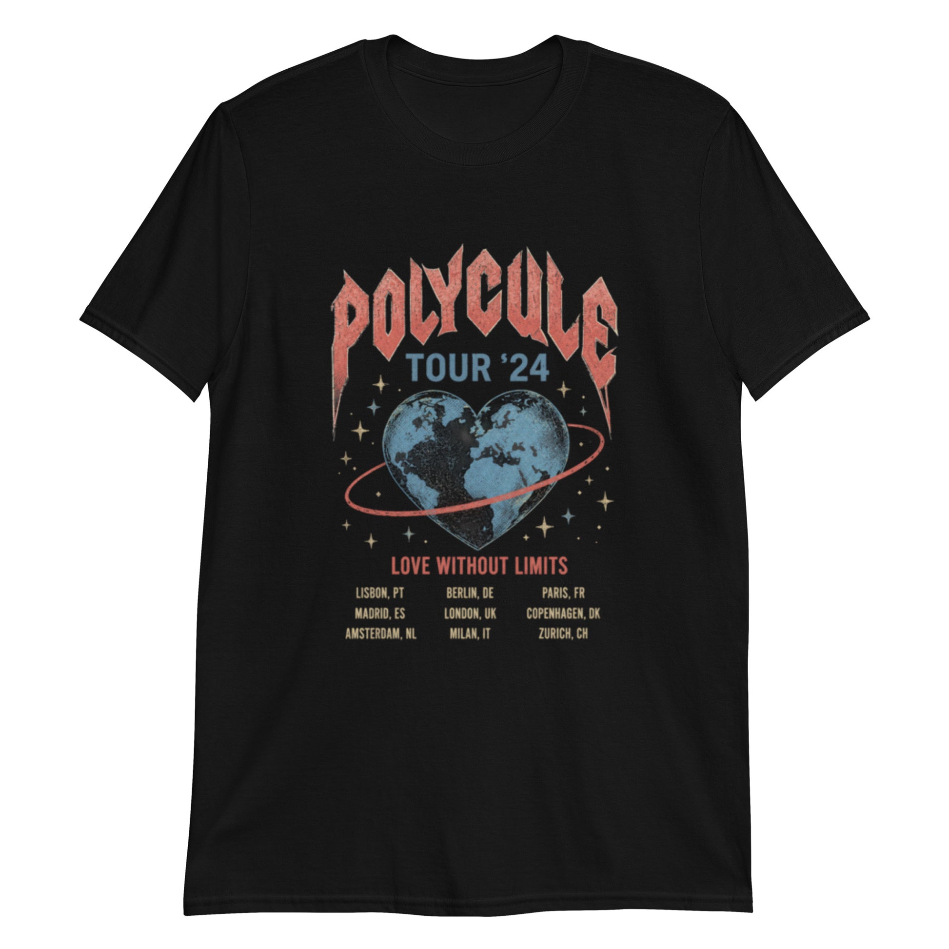 Black unisex t-shirt featuring a vintage rock band tour style "Polycule Tour '24" design with a heart-shaped globe and tour dates celebrating polyamory and ENM.Product mockup