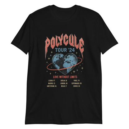 Black unisex t-shirt featuring a vintage rock band tour style "Polycule Tour '24" design with a heart-shaped globe and tour dates celebrating polyamory and ENM.Product mockup