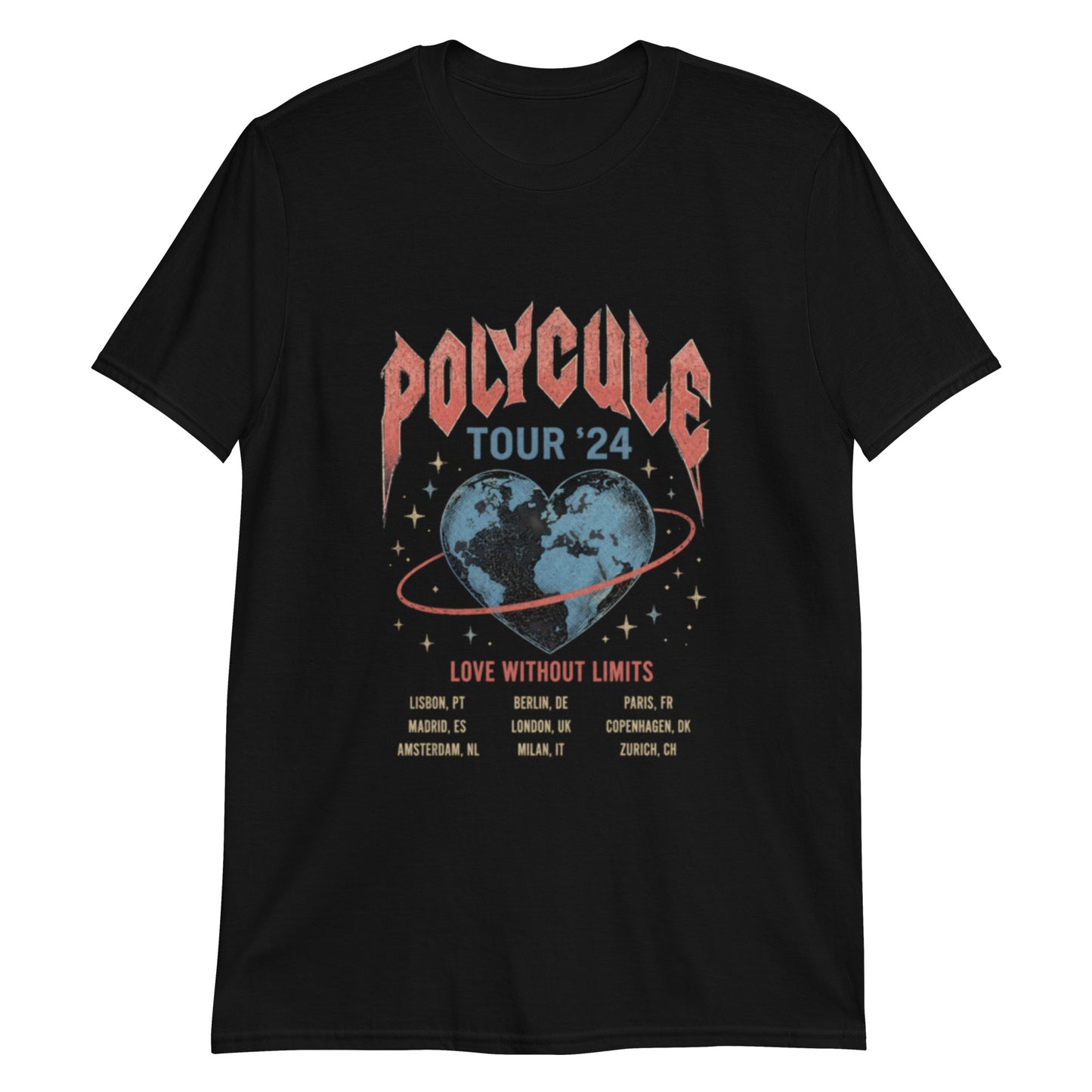 Black unisex t-shirt featuring a vintage rock band tour style "Polycule Tour '24" design with a heart-shaped globe and tour dates celebrating polyamory and ENM.