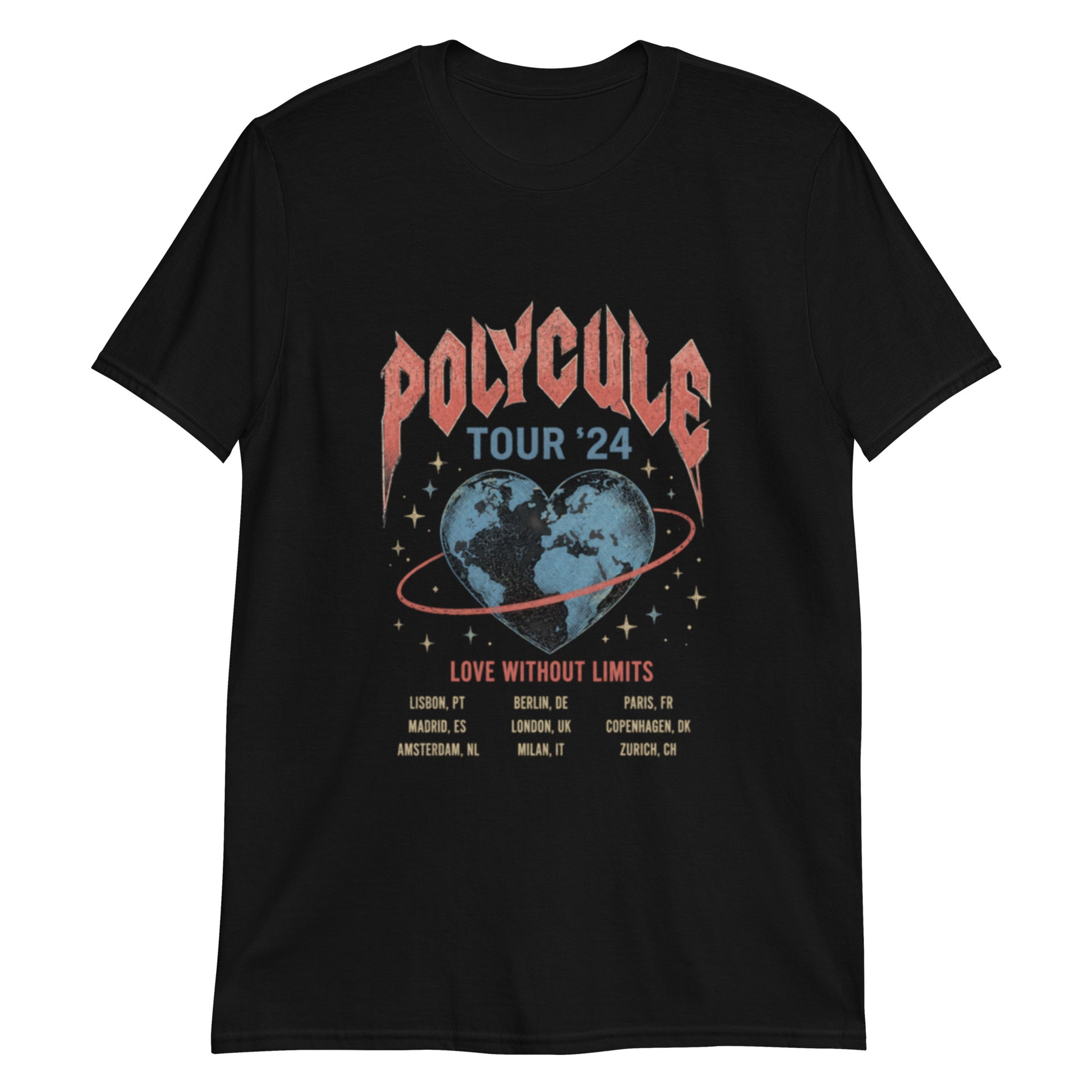 Black unisex t-shirt featuring a vintage rock band tour style "Polycule Tour '24" design with a heart-shaped globe and tour dates celebrating polyamory and ENM.
