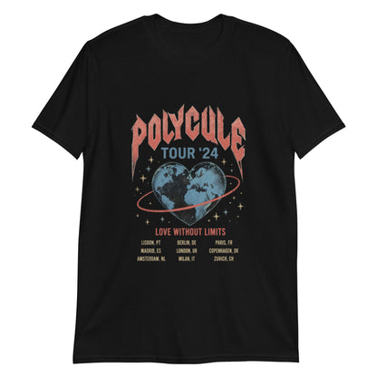 Black unisex t-shirt featuring a vintage rock band tour style "Polycule Tour '24" design with a heart-shaped globe and tour dates celebrating polyamory and ENM.