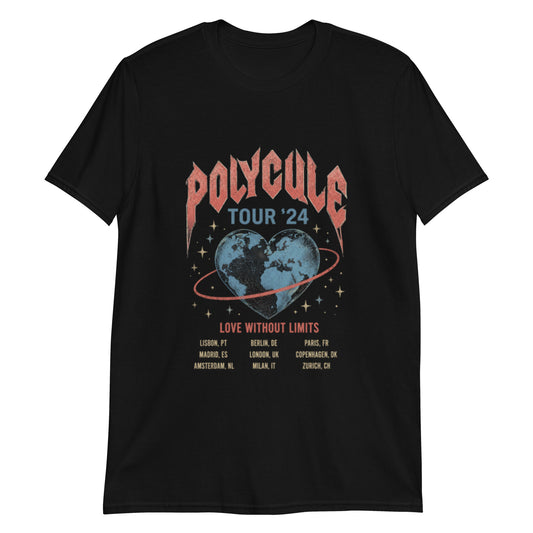 Black unisex t-shirt featuring a vintage rock band tour style "Polycule Tour '24" design with a heart-shaped globe and tour dates celebrating polyamory and ENM.