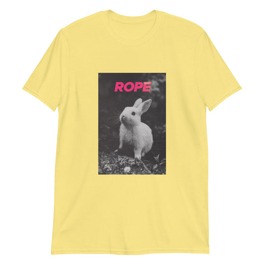 Colofrul unisex cotton t-shirt with bold pink “Rope” text and noisy bunny graphic, playful rope art-inspired design for stylish everyday wear.